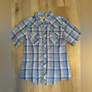 Bit & Bridle Mens Medium Pearl Snap Blue Plaid Button Up Western Shirt
